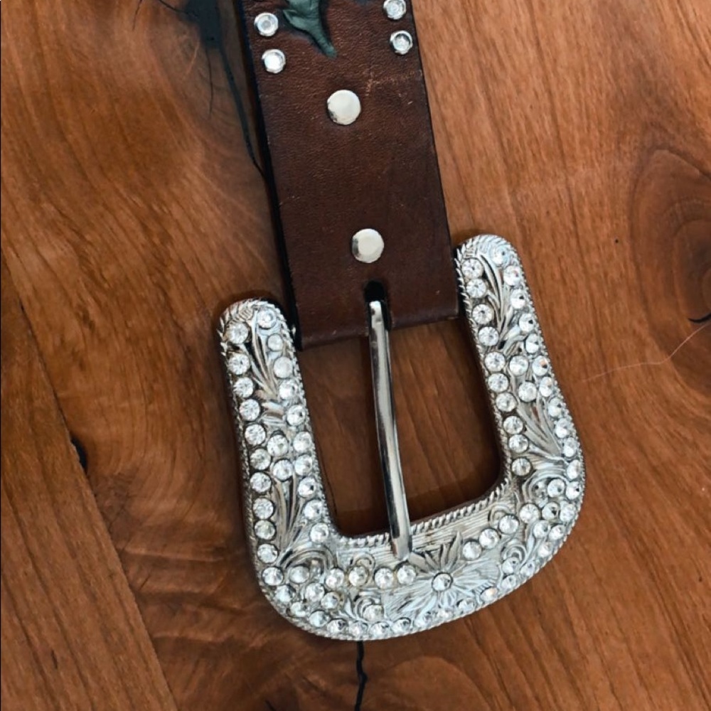 Hand Tooled Floral Western Rhinestone Belt - Picture 4 of 5
